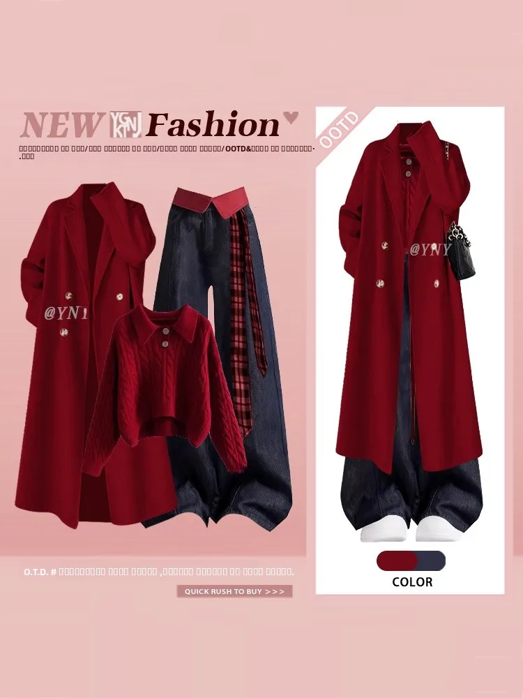 

Новогодний красный женский зимний комплект из трех предметов: вязаный свитер, брюки и футболка с длинным рукавом, модный наряд