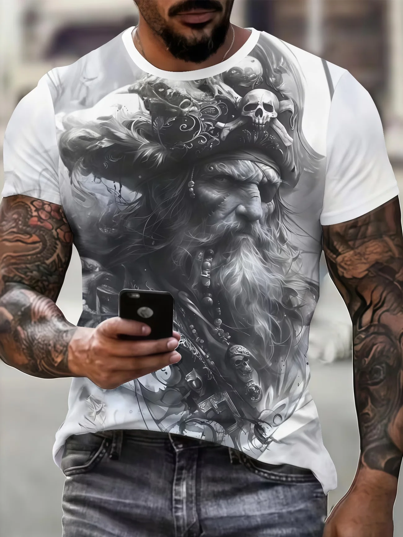 Men T-shirt, Grim Reaper Skull Print Short Sleeve Crew Neck Tee, Gothic Red Black Graphic Casual Streetwear Tops