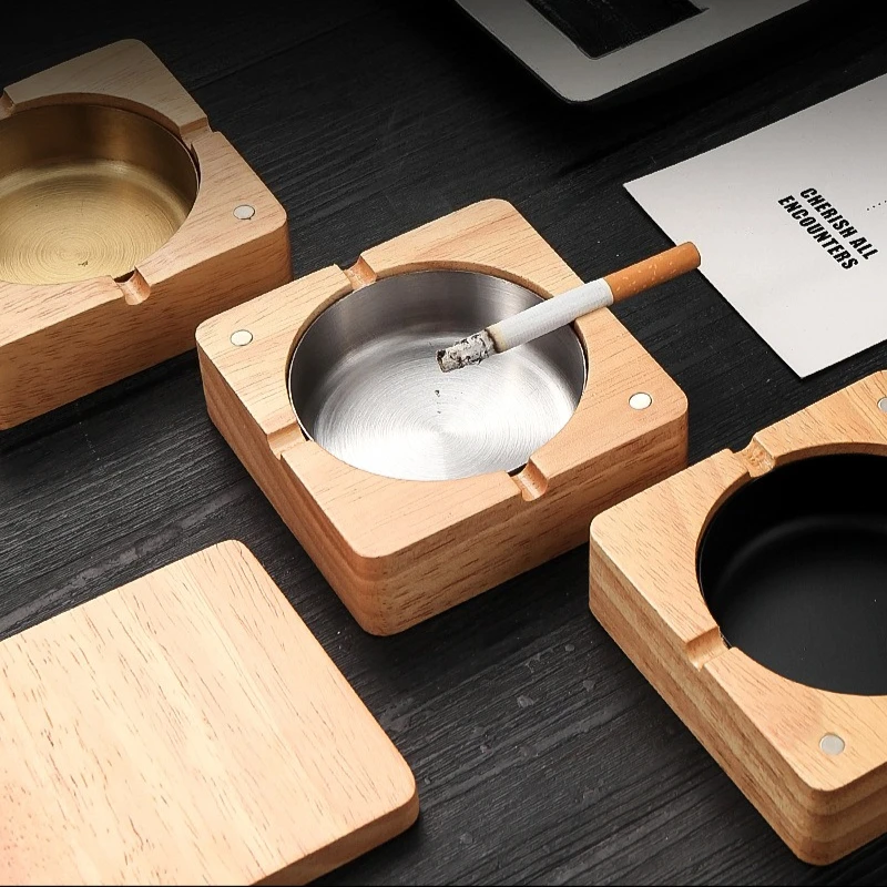 

Деревянные пепельницы с крышкой, настольная пепельница из нержавеющей стали, ветрозащитная пепельница для курения, офиса, украшения дома