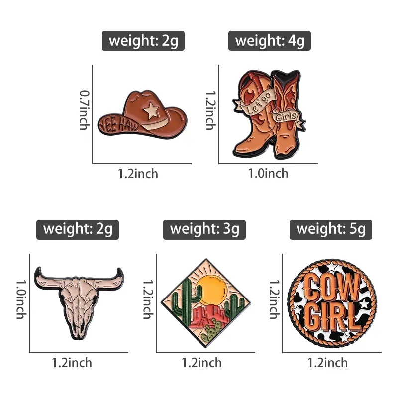 Cowgirl Boots Enamel Pin Western Mexican Cactus Bull Head Lapel Badges Decor for Shirt Bags Brooches Jewelry Gift for Friends