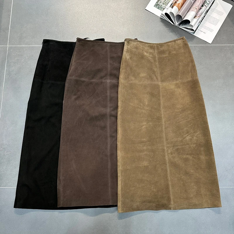 Women's Real Leather Skirt High Waist Coffee Long Wrap Hip Style Spring Autumn Casual Back Split Versatile Sheepskin Jupe Longue