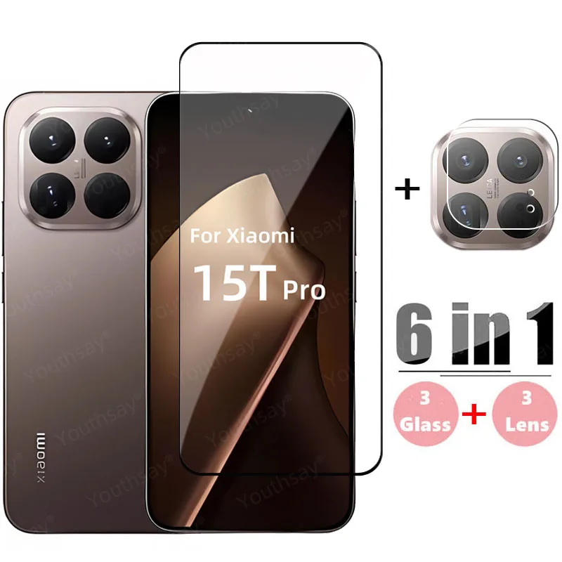 6in1 زجاج لهاتف Xiaomi 15T Pro غطاء كامل من الزجاج المقسى Xiaomi 15T Pro واقي للشاشة HD عدسة الهاتف فيلم Xiaomi 15T Pro