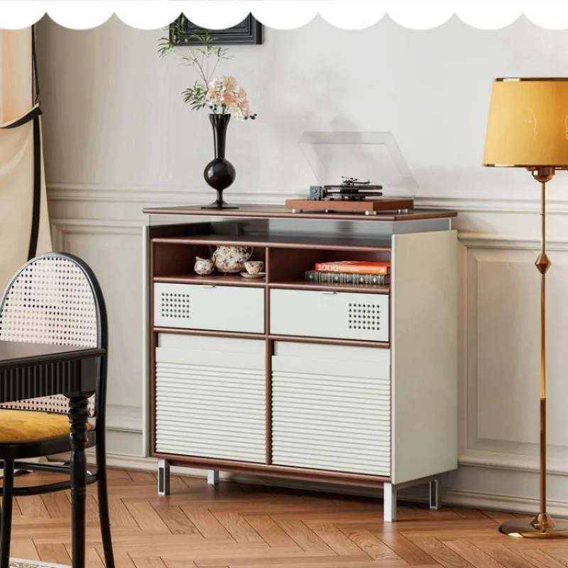 Retro solid wood living room, ancient white against the wall, audio cabinet
