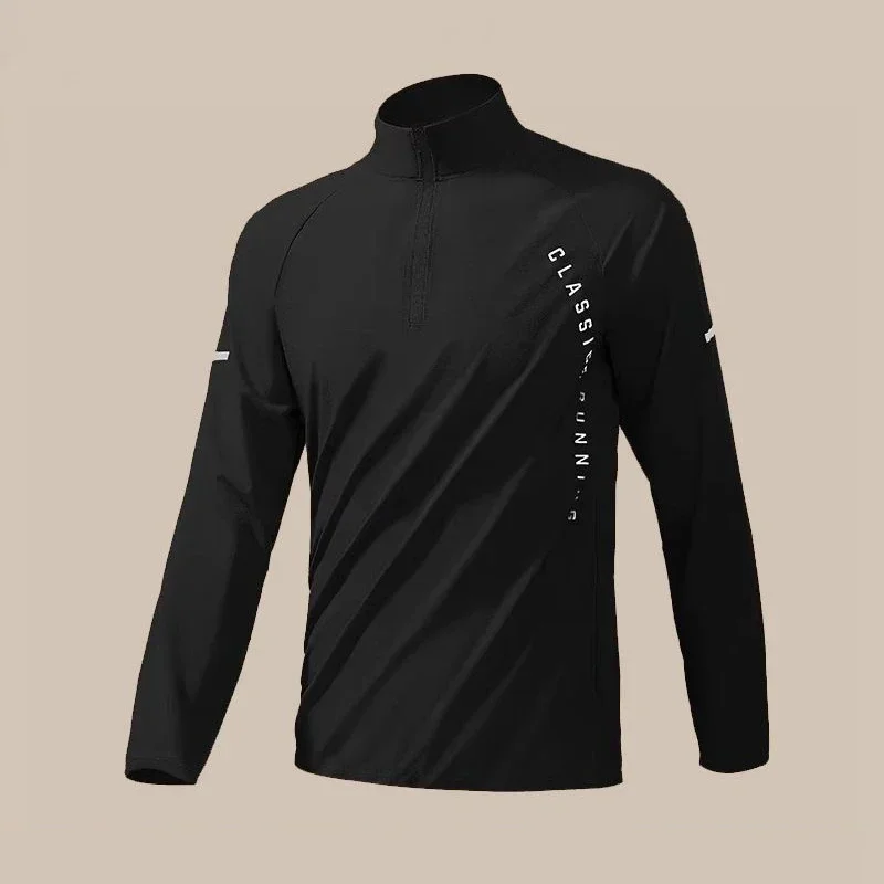 Autumn Sports Casual Versatile Half Zipper Training Long Sleeve Running Set Men\'s Stand Neck Letter Pocket Quick Drying T-shirt