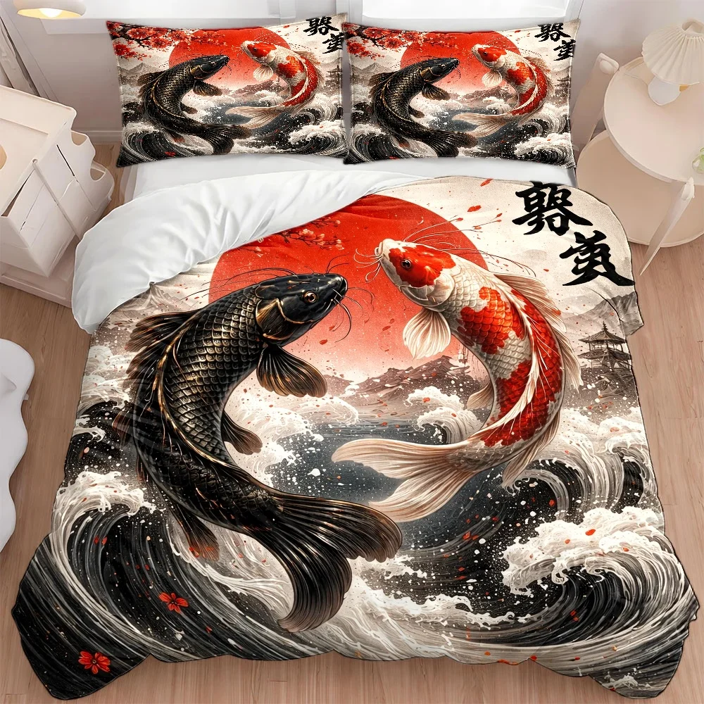 Japanese Artistic Koi Fish Wave Print Duvet Cover Set 3Pc Bedding with 2 Pillowcases Invisible Zipper Machine Washable