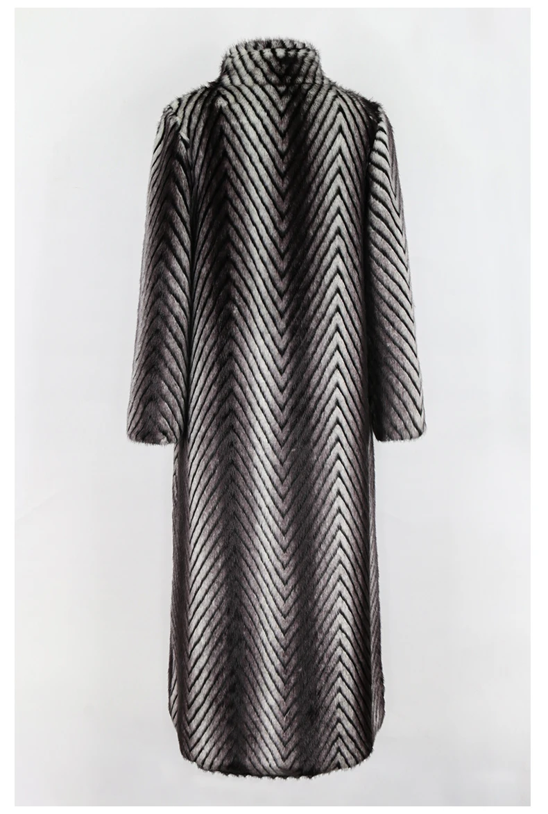 Nerazzurri Winter Extra Long Thick Warm Luxury Elegant Striped Fluffy Faux Mink Fur Coat Women Stand Collar Maxi Overcoat 2022