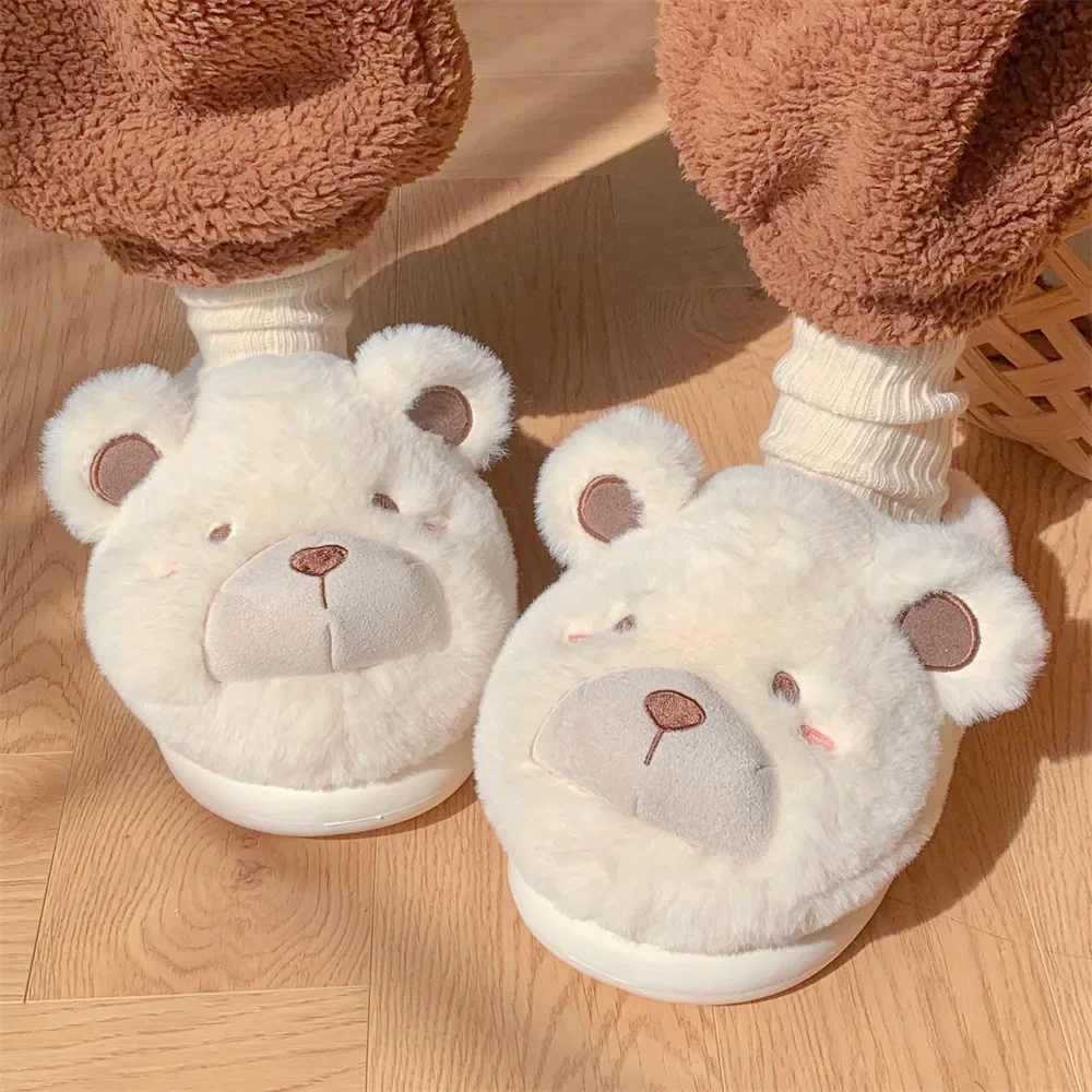 Winter Home Indoor Warm Women\'s Cotton Slippers New Cute Plush Little Bear Slippers Comfortable Soft Sole Simple Plush Slippers