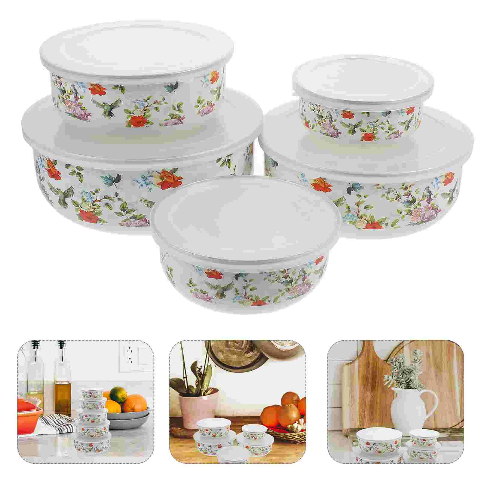 5 Pcs Set of Bowls Mixing Soup Fruit for Kitchen Salad Fresh Keeping Enamel Food Deepen Noodle