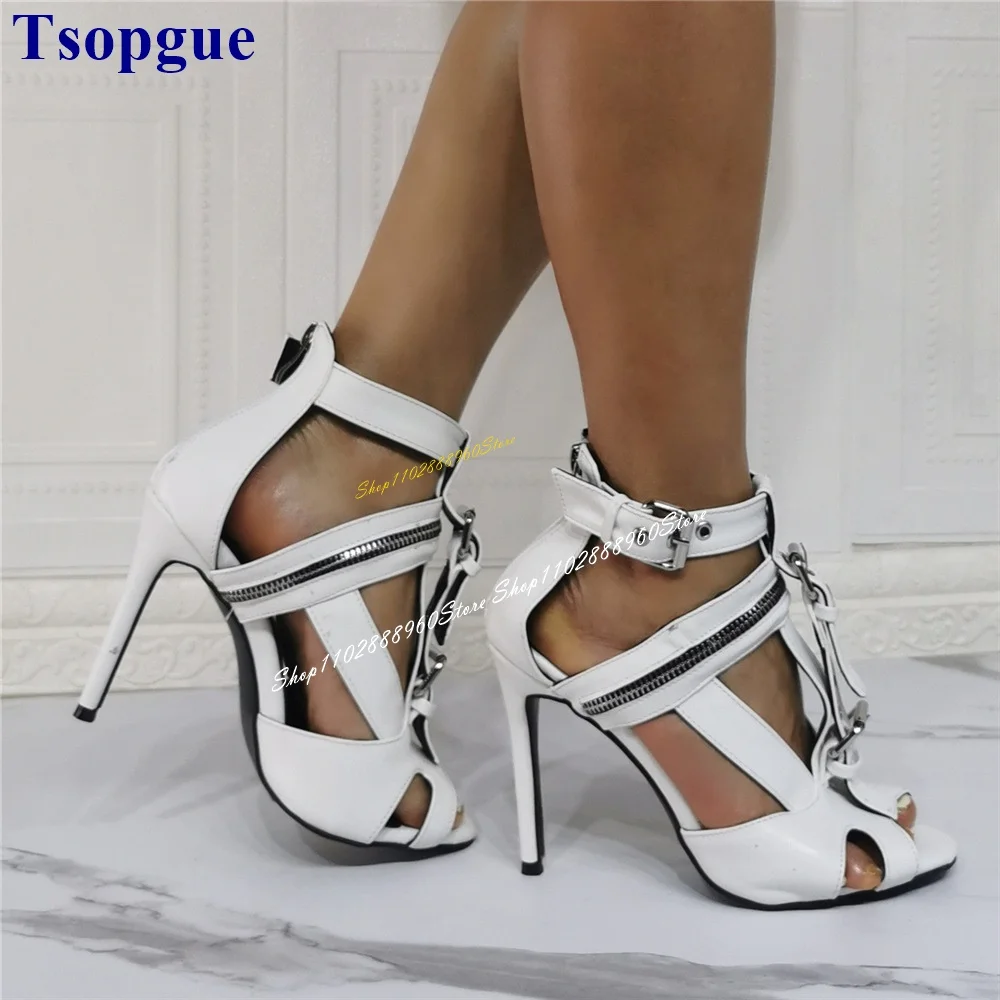 Roman White Metal Zipper Buckle Strap Decor Sandals Thin High Heel Women Shoes Back Zipper Peep Toe 2024 Zapatos Para Mujere