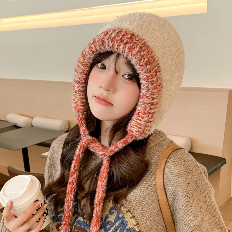 Knitting Hat Show Face Little Furry Winter Warm Color Hat Backpack and Earmuffs Lovely Wool Turtleneck Cap Tide