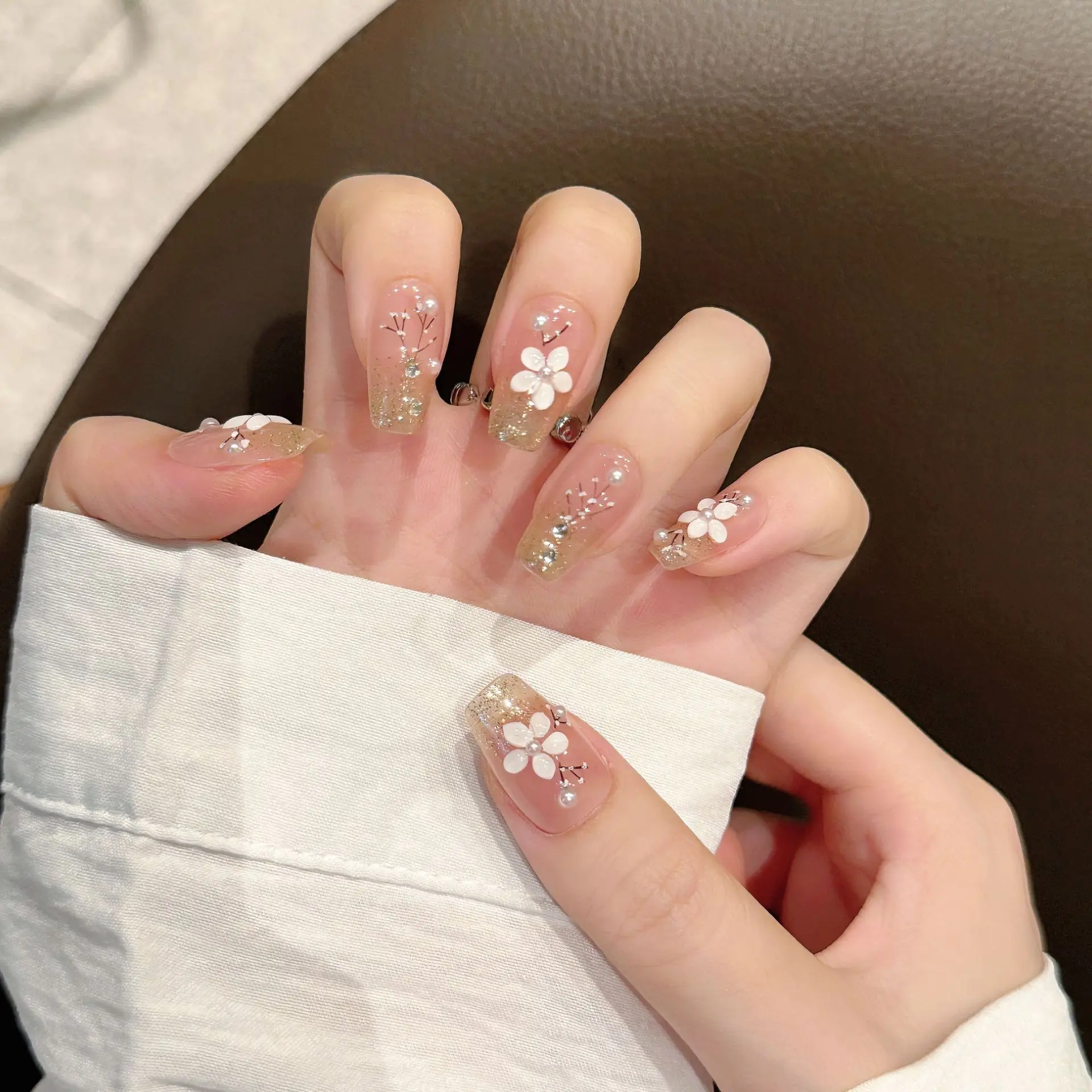 10Pcs Handmade False Nails Mid-length Ballet Full Cover Nail Tip with Flowers Design Pink Wearable Fake Nails Art Press on Nails
