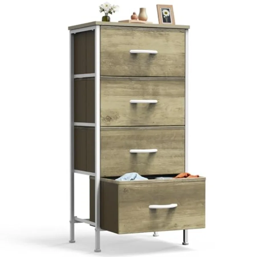 Nightstand with 4 Drawers Bedside Table with Removable Fabric Bins Sturdy Steel Frame Wood Top Organizer Furniture for Bedroom