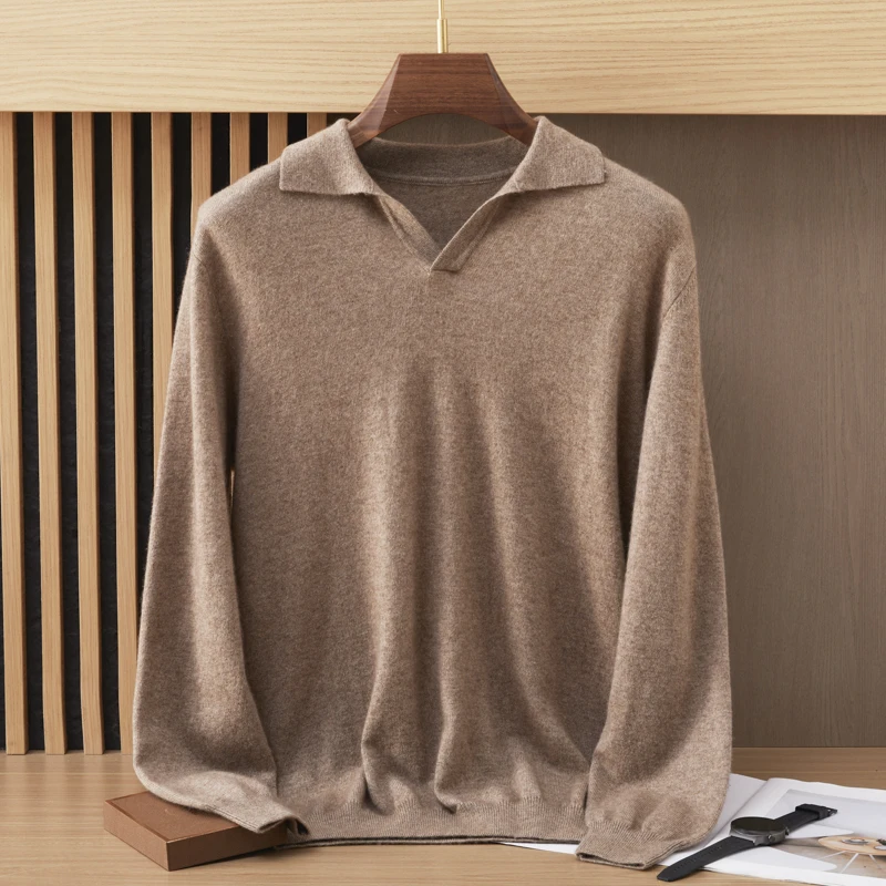 

Autumn/Winter Thick Sweater Knitted POLO Pullover 100% Cashmere Knitted Sweater Casual Business Long Sleeve Warm Men's Shirt