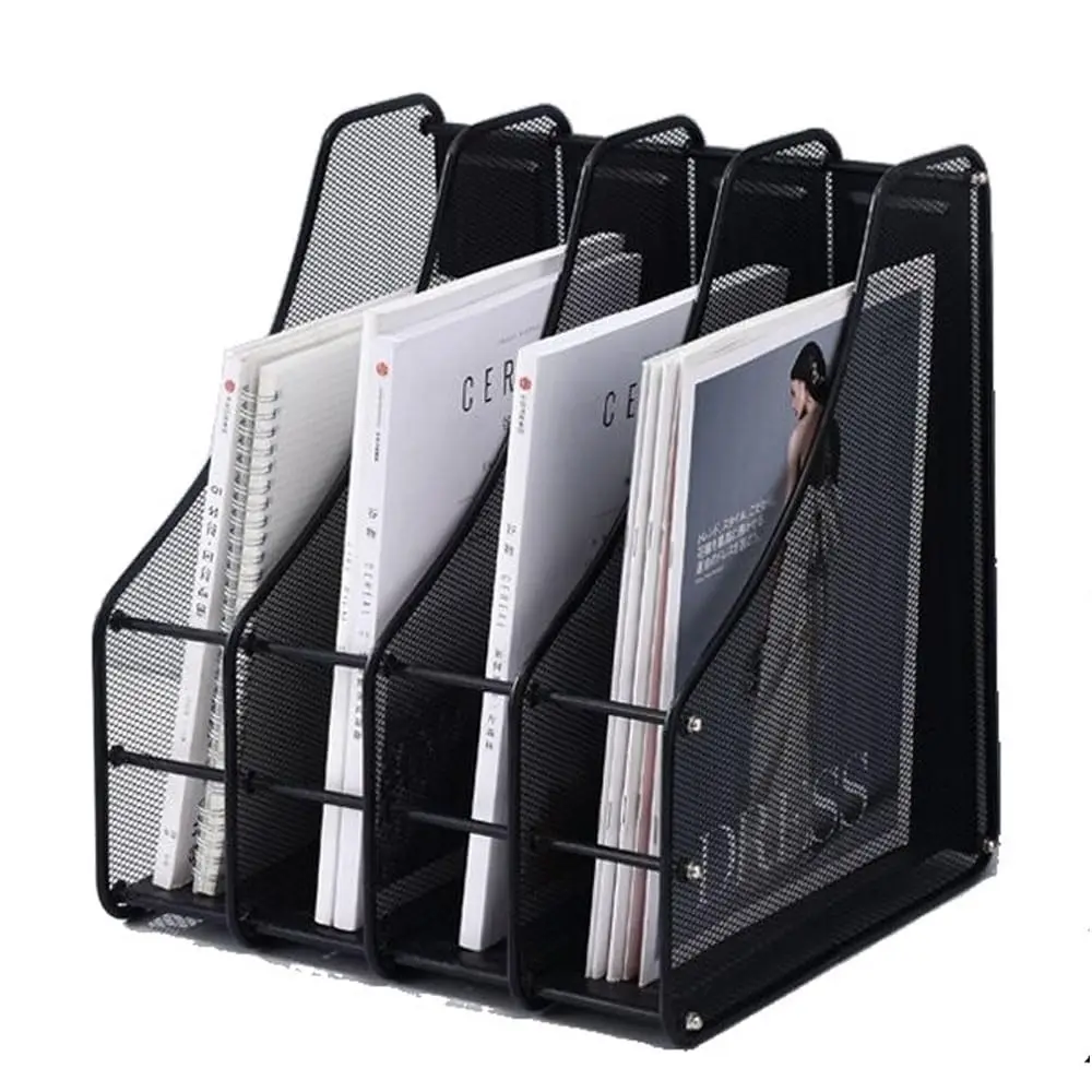 4-Tier Metal Mesh Magazine File Organizer Black Desktop Storage Rack for Home Office Desktop Organizer