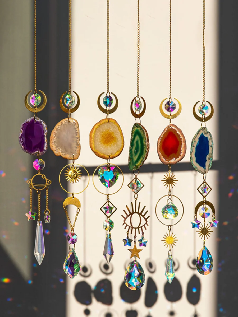Crystal Sun Catcher Colorful Agate Rainbow Maker Stained Glass Evil Eye Sun Moon Window Hanging Prism For Garden Home Decoration