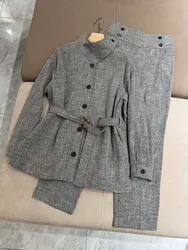 Autumn 2024 Women's Pants Suit Wool Cotton Linen Blended Single Breasted Jacket + High Waist Straight Trousers 2-Piece Set