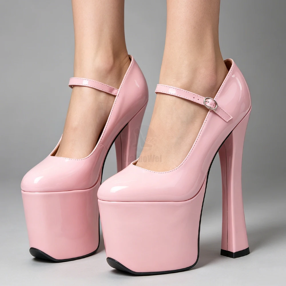 20CM High Heels Mary Jane Pumps Ultra High Chunky Heel Thick Platform Round Toe Ankle Strap Stage Show Punk Shoes