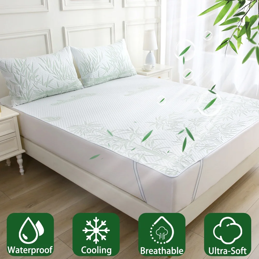 1Pc Cooling Waterproof Bamboo Fiber Mattress Cover with Elastic Band, Breathable Mattress Pad for Single or Double Bed