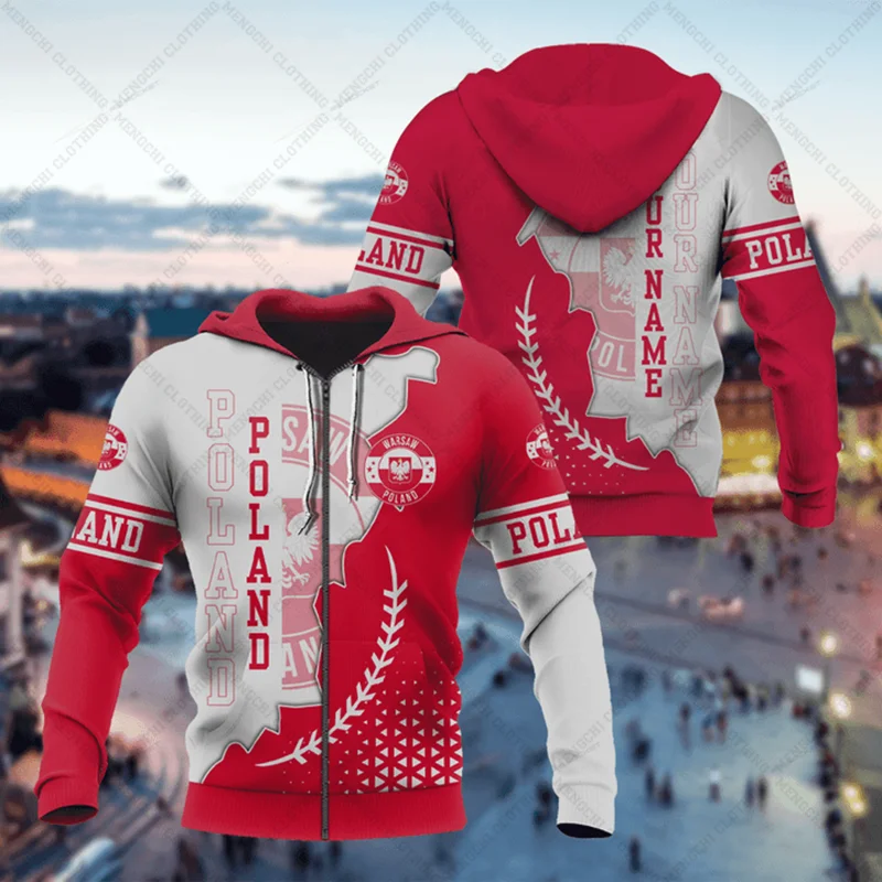 Sudaderas con capucha con cremallera impresa en 3D roja con emblema de Polonia, nombre personalizado, sudaderas holgadas Unisex, sudaderas de gran tamaño, ropa de calle informal de invierno, Tops, Jersey