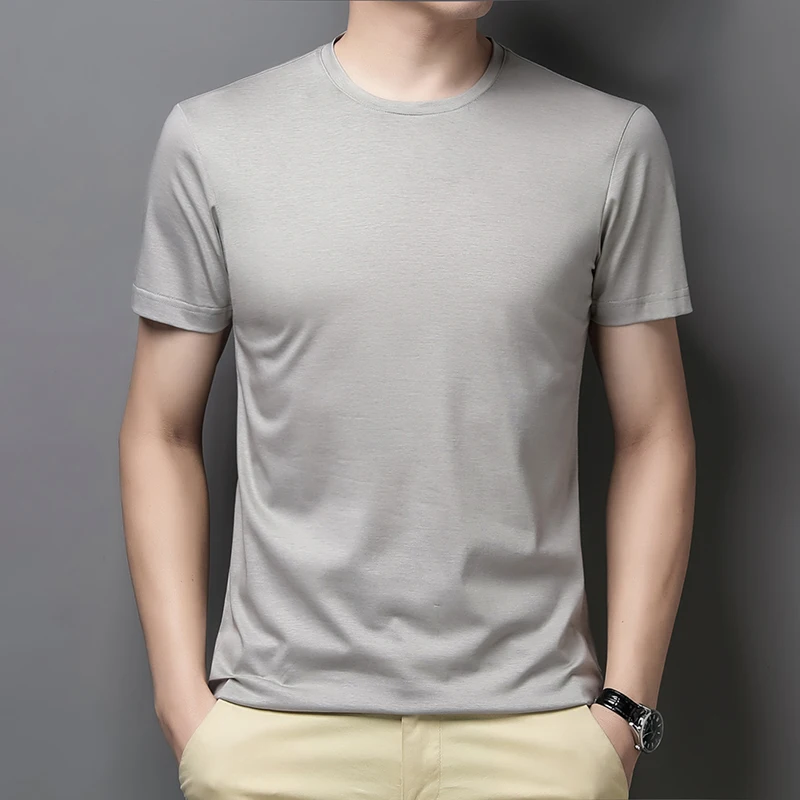 Men's  Natural Mulberry Silk Tees High Grade Summer Lyocell Tops Short Sleeve Male Breathable Silk Cotton Smooth T-shirts