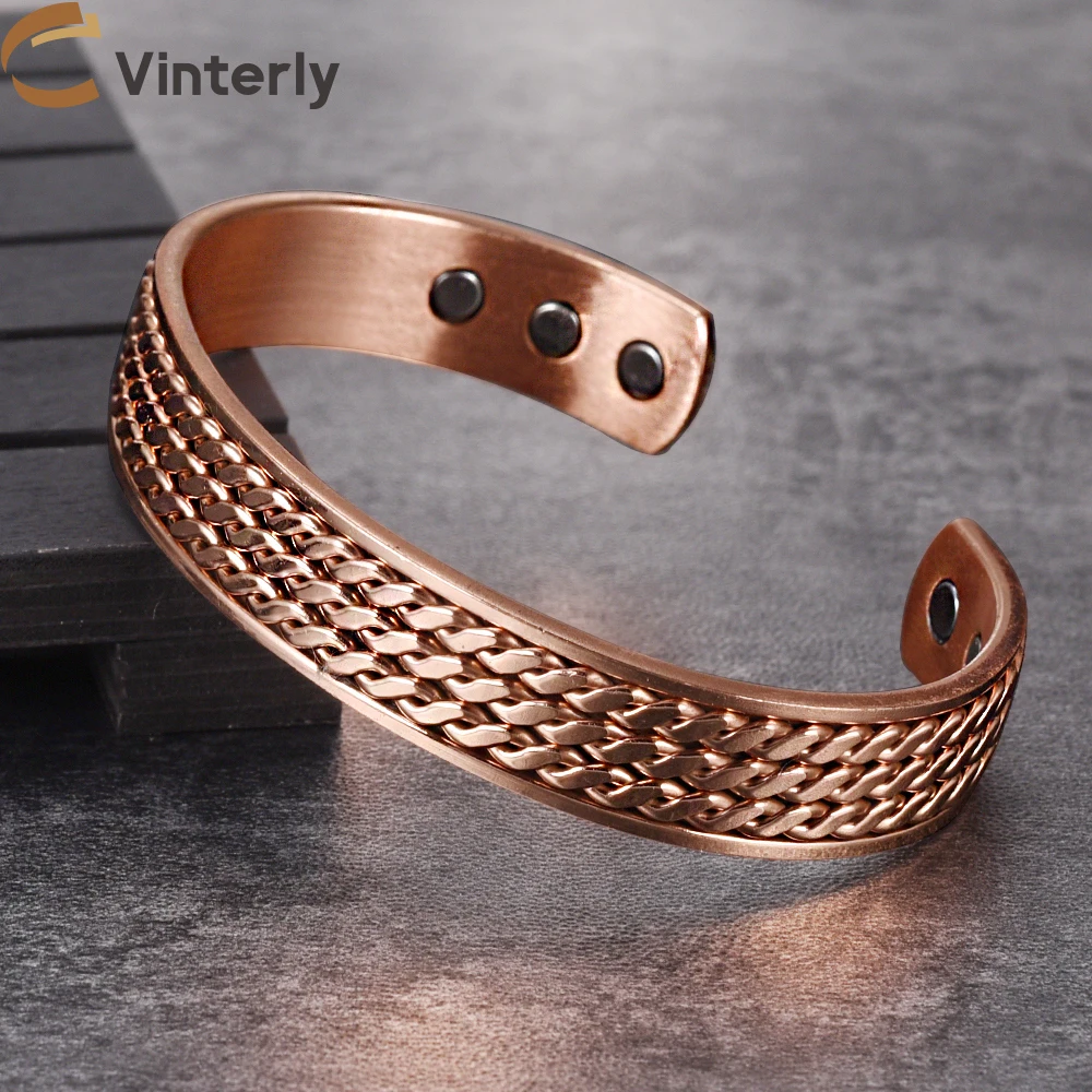 Vinterly Twisted Pure Copper Bracelets Magnetic Therapy Adjustable 12mm Health Energy Bangles Magnet Jewelry Resizable Men Women