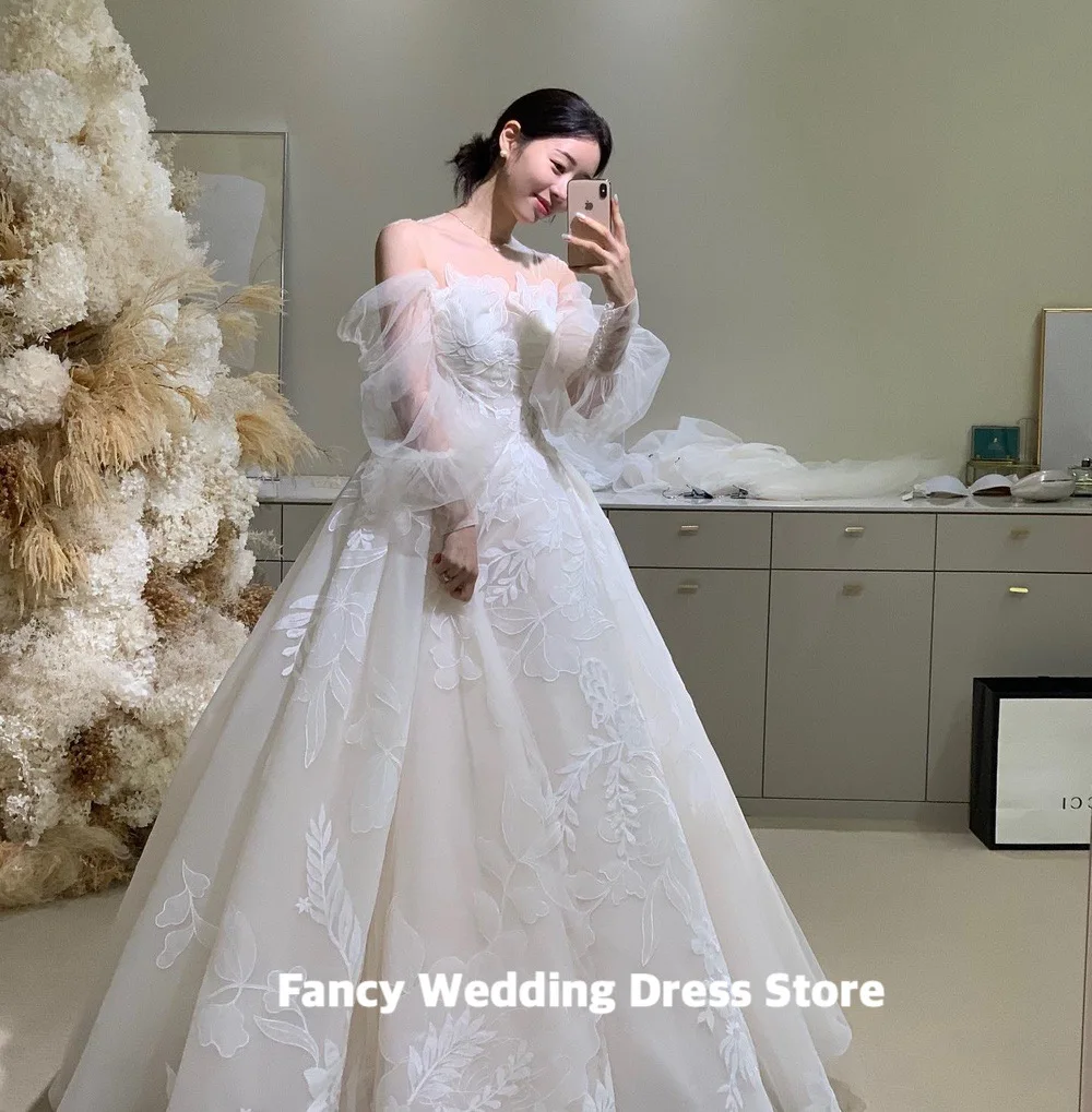 Fancy Elegant Ivory Off Shoulder Wedding Dress Korea Photo Shoot Lace And Tulle Bridal Gown Floor Length 웨딩드레스