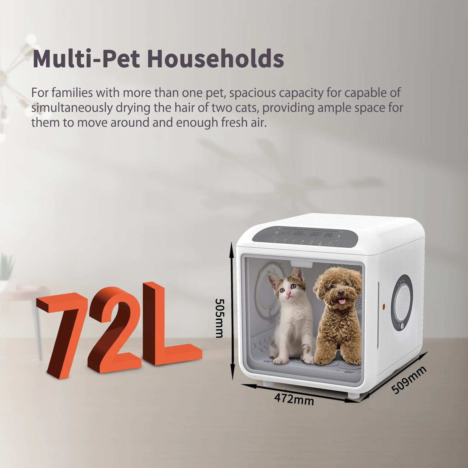 GlowMart  Touch Screen Quiet 72L UV Negative Ions Temperature Control Drying Pet Fur Dryer Box for Cat Small Dog Automatic Pet H