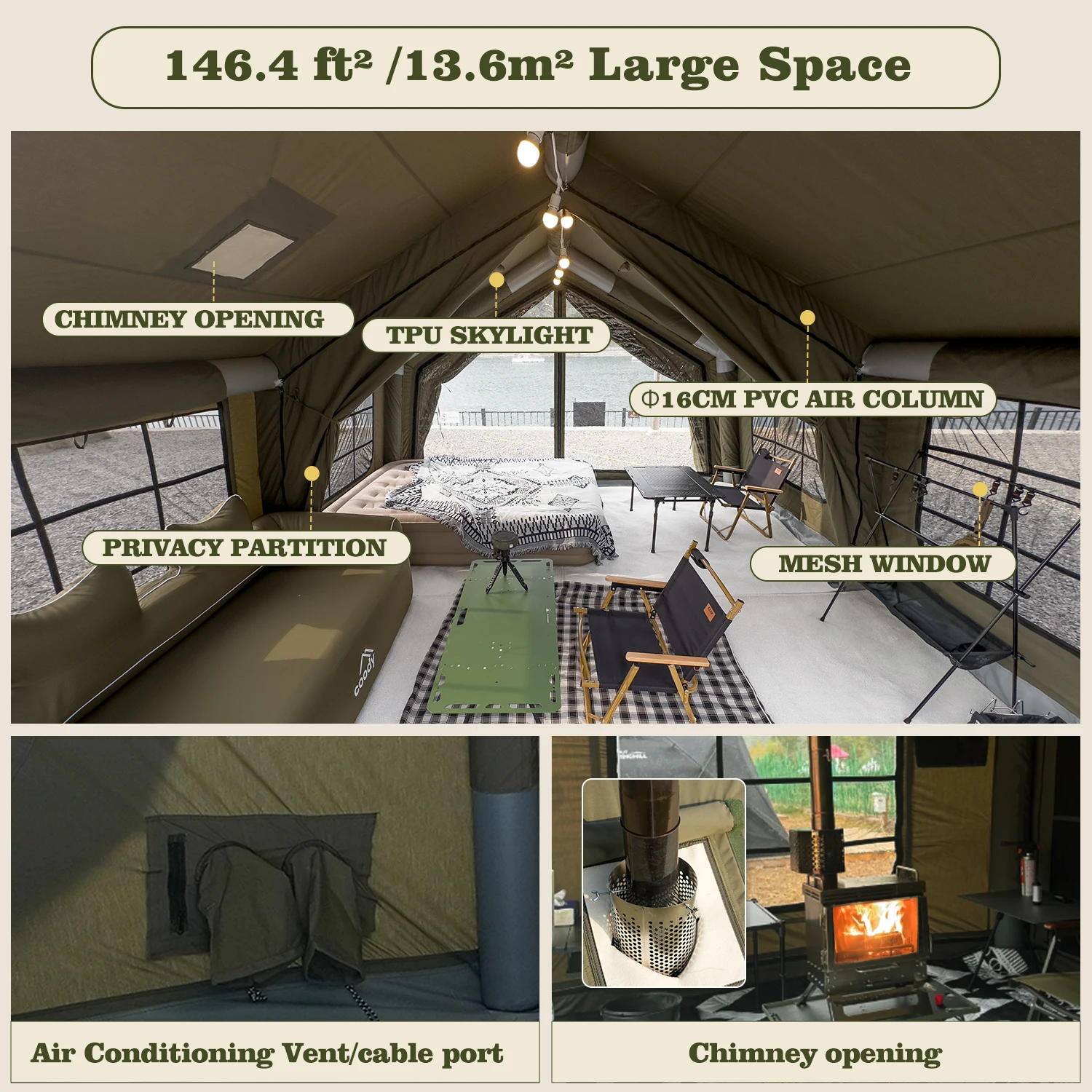 Tent,PVC Air Pole TC Cotton,Camping Shelter,One Room One Hall Camo,Glamping Cabin,4-8P All Season Outdoor Camping image 5