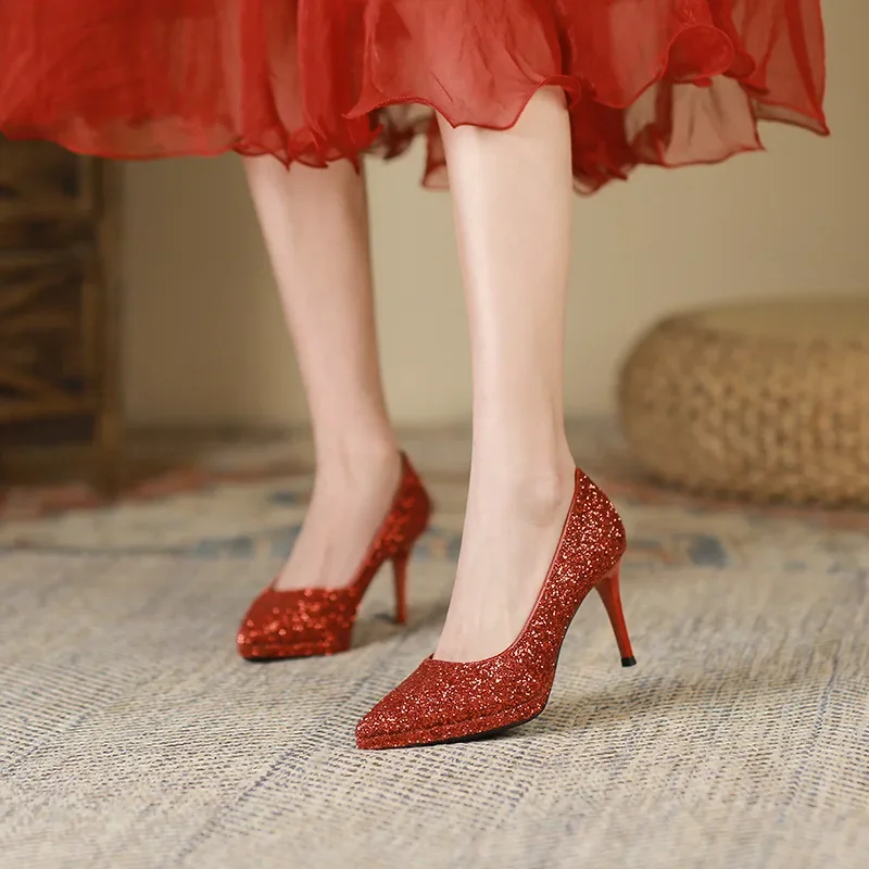 

Женские туфли с острым носком, красные свадебные туфли на тонком каблуке, универсальные туфли с острым носком, весна-осень 2023
