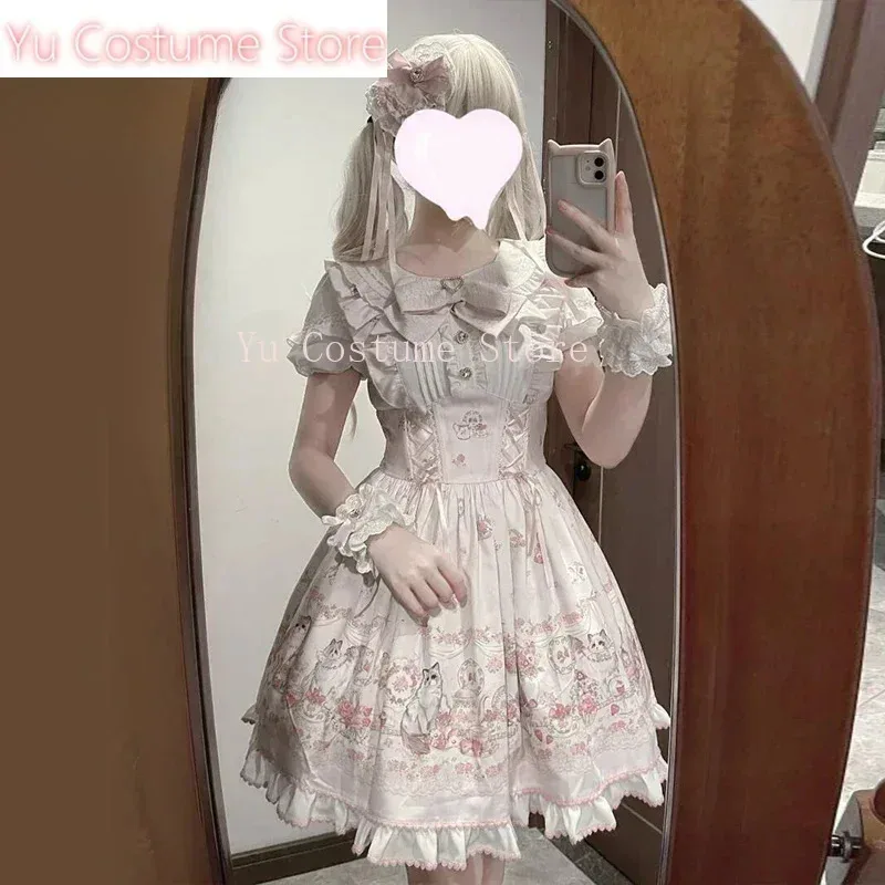 유 코스튬 일본 스타일 대량생산 소녀 귀여운 로리타 여성용 하이웨이스트 러플 프린트 스위트 카와이 숏 드레스 여름5;c,8'