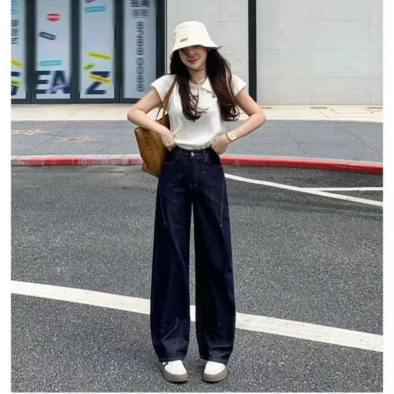 ارتفاع الخصر واسعة الساق الجينز الخريف التخسيس السراويل أزياء تنوعا التنقل بسيطة السراويل المستقيمة الضيقة