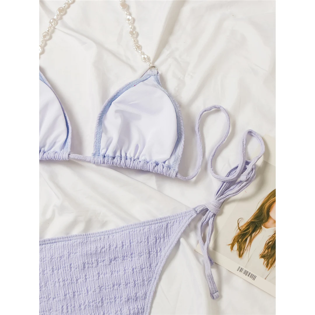 Mit Sarong, weißen Perlen, gerafftem Bikini, Damen-Badebekleidung, dreiteiliges Bikini-Set, Damen-Badeanzug, Badebekleidung, Badeanzug, Modell V5593. – Detail 27