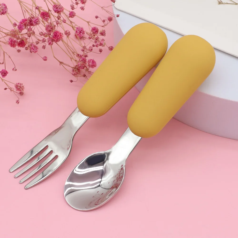 Amazon Hot Sale Food Grade Safety Eco-friendly  Stainless steel Spoon Fork Set Silicone Baby Spoon Fork Set For Training