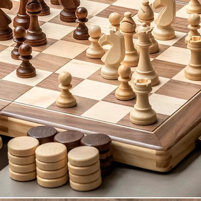 2 in 1 Wooden Chess and Checkers Set Luxury Chess Game Exquisit Chessmen Foldable Wooden Chessboard Family Board Game
