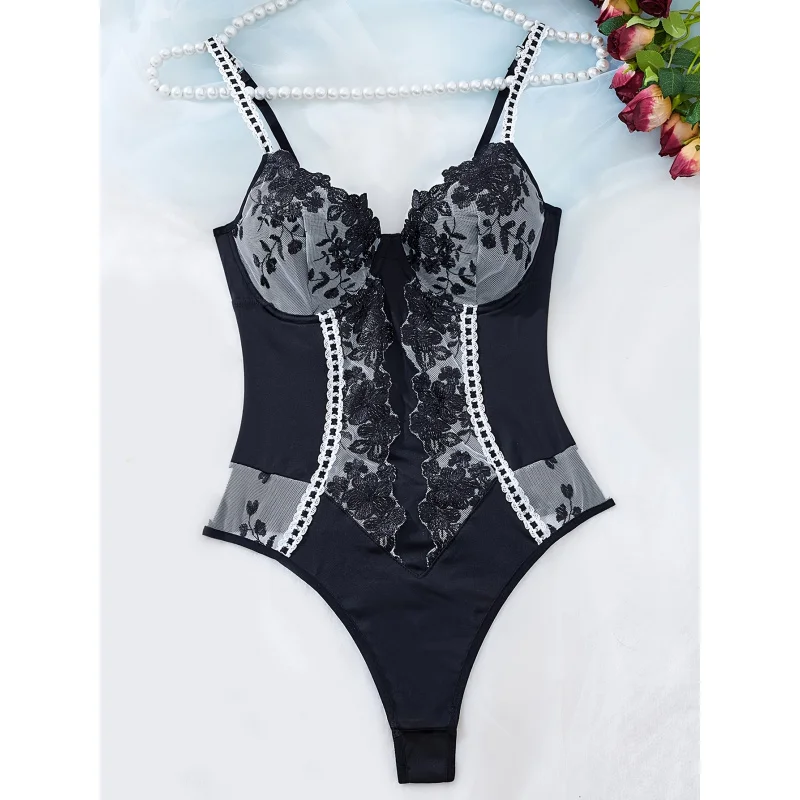 1pc Embroidered Jacquard Mesh Spliced Bodycon Bodysuit, Contrast Color Design Women's Top, Backless Wearable