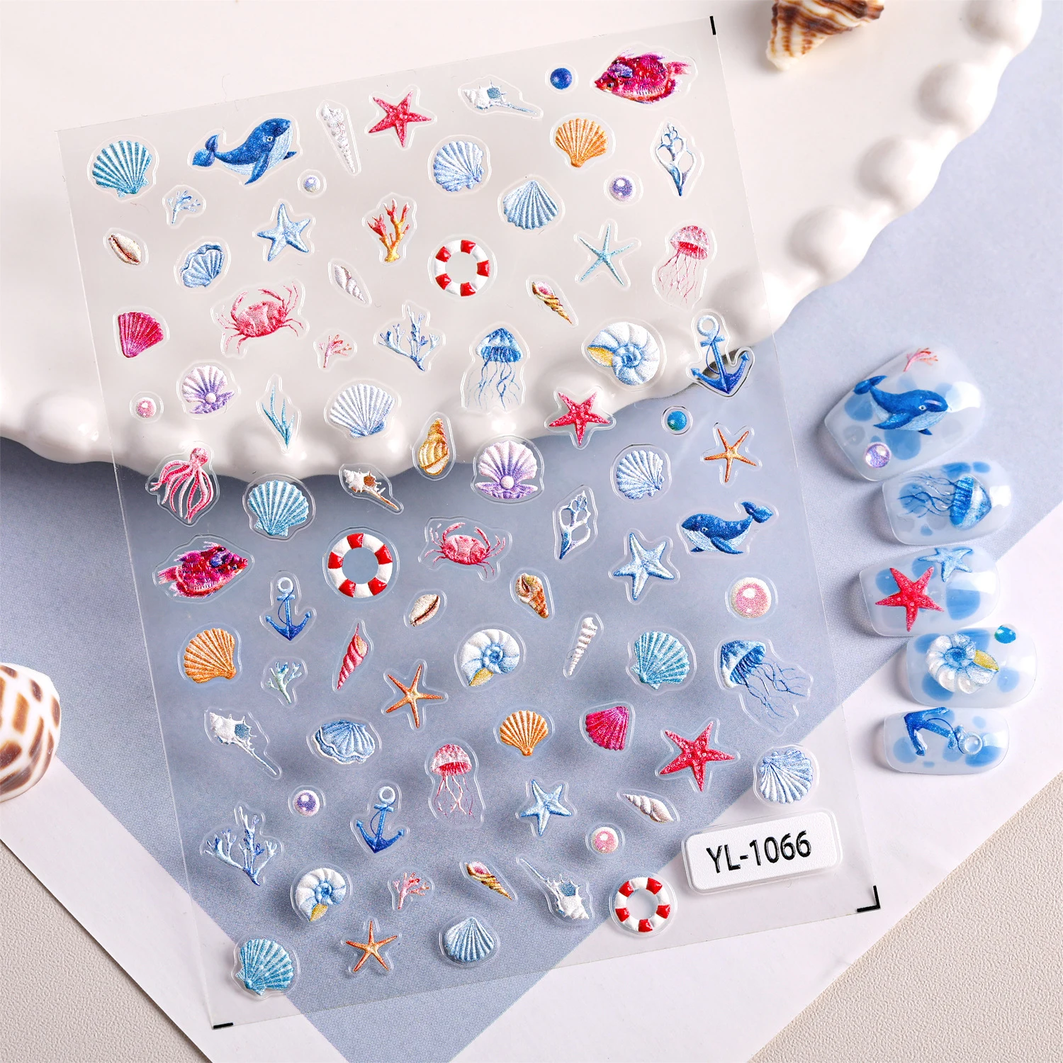 1PC Summer Ocean Style Nail Stickers 5d Relief Dreamy Sea Star Shell Crab Nail Stickers Small Fresh Cartoon Decorations