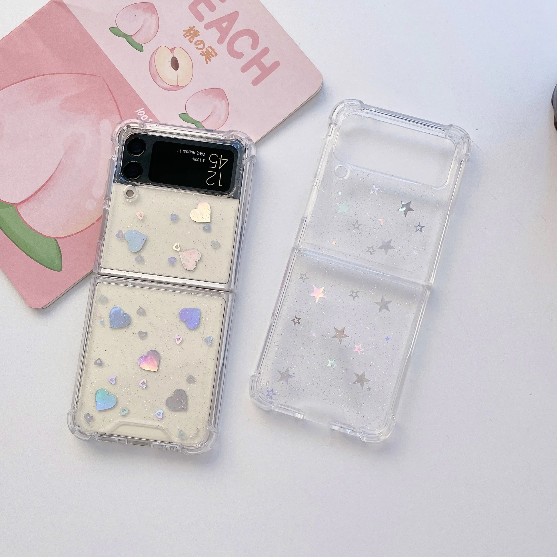 For Samsung Z Flip 3 Case Sequin Star Heart Transparent Fold Phone Case For Galaxy Z Flip 4 ZFlip3 5G Shockproof Hard Back cover