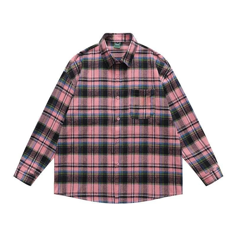 Vintage Long Sleeve Color Block Plaid Casual Shirt Men's Summer Trendy Brand Versatile Vintage Outerwear Polyester Cotton