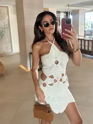 Sexy Hook Knit Beach Mini Dress Wrap Hip Slim Backless Sleeveless Halter Dresses Women Hollow Out Lace Up Fashion Vacation Robes