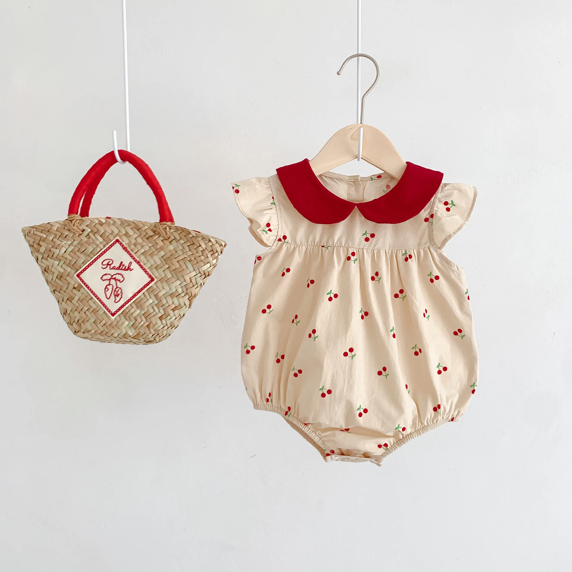 MILANCEL 2024 Summer Girls Bodysuit Full Of Cherry Print Toddler One Piece Peter Pan Collar Girls Clothes