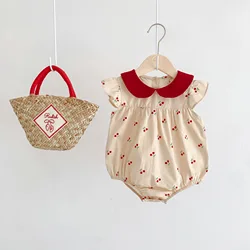 2024 Summer Baby Girls Bodysuit Full Of Cherry Print Toddler One Piece Sweet Peter Pan Collar Flying Sleeve Girls Clothes