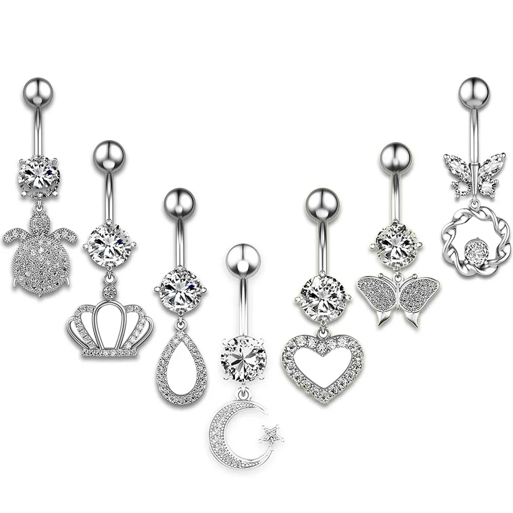 7pcs/lot Crystal Belly Button Rings Dangle Surgical Steel Bars 14G Piercing Ombligo Cute Heart Navel Rings Body Jewelry Women