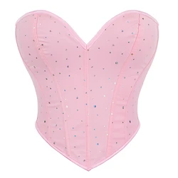 Sexy Bustier Corset Crop Tops for Female Backless Overbust Corsets Pink Solid Sleeveless Off Shoulder Gothic Cotton Corsets