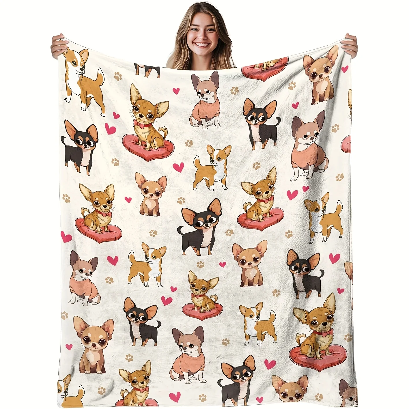 1pc Chihuahua Lover Gift Blanket- Soft Flannel Cozy Shawl with Cute Chihuahua and Heart Pattern, All-Season Machine Washable Pet