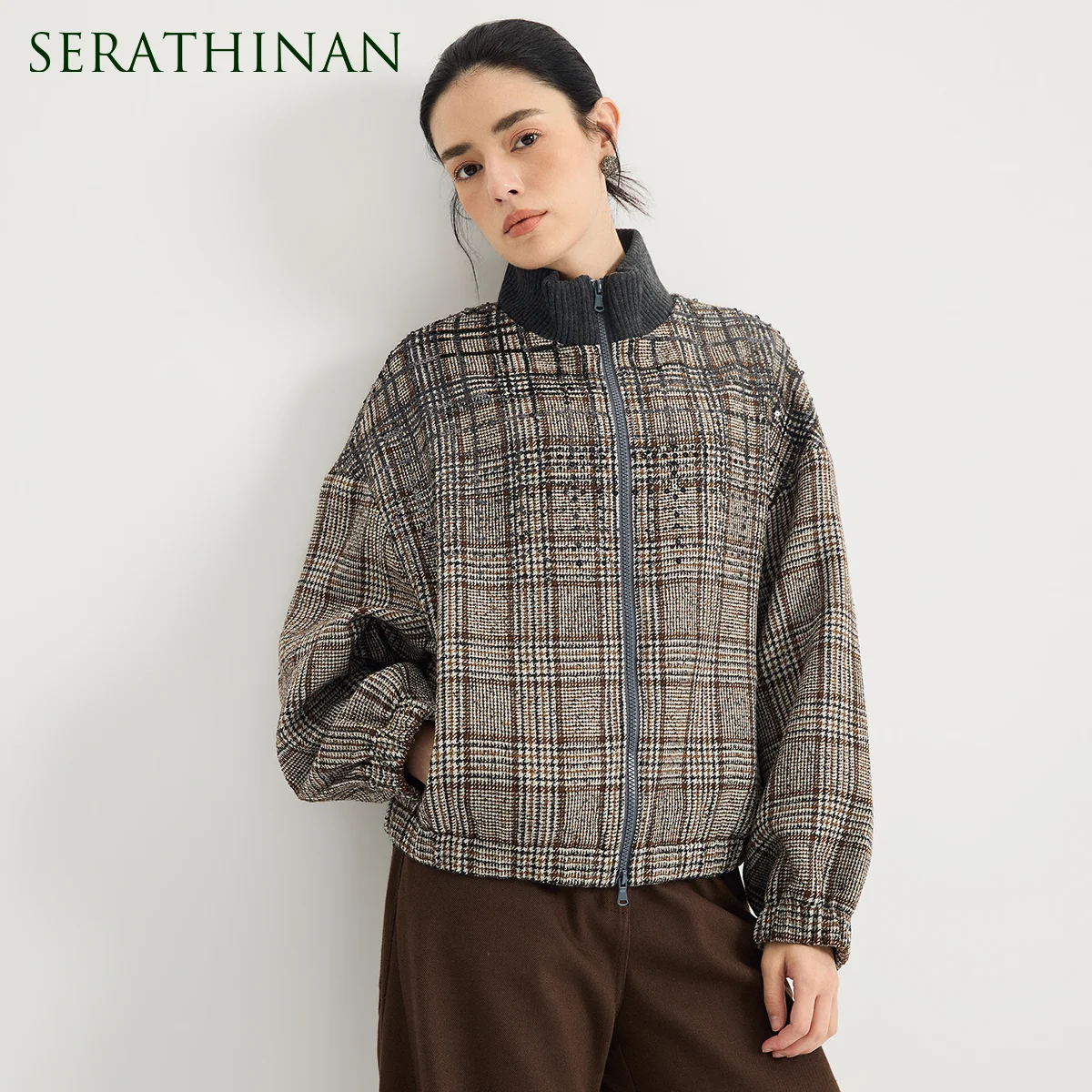 KX7623933 Women's Glen Plaid Wool Blend Zip-Up Cropped Jacket Scattered Sequin Contrast Ribbed Collar Oversized Elegant Autumn