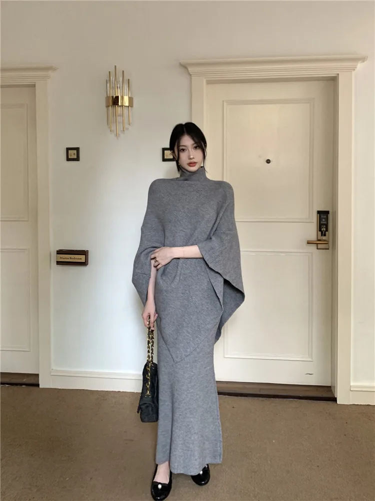 Fall Winter Elegant Knitted Capes for Women Turtleneck Long Irregular Sweater Cloak&mermaid Long Skirt Ladies Fashion 2 Pieces