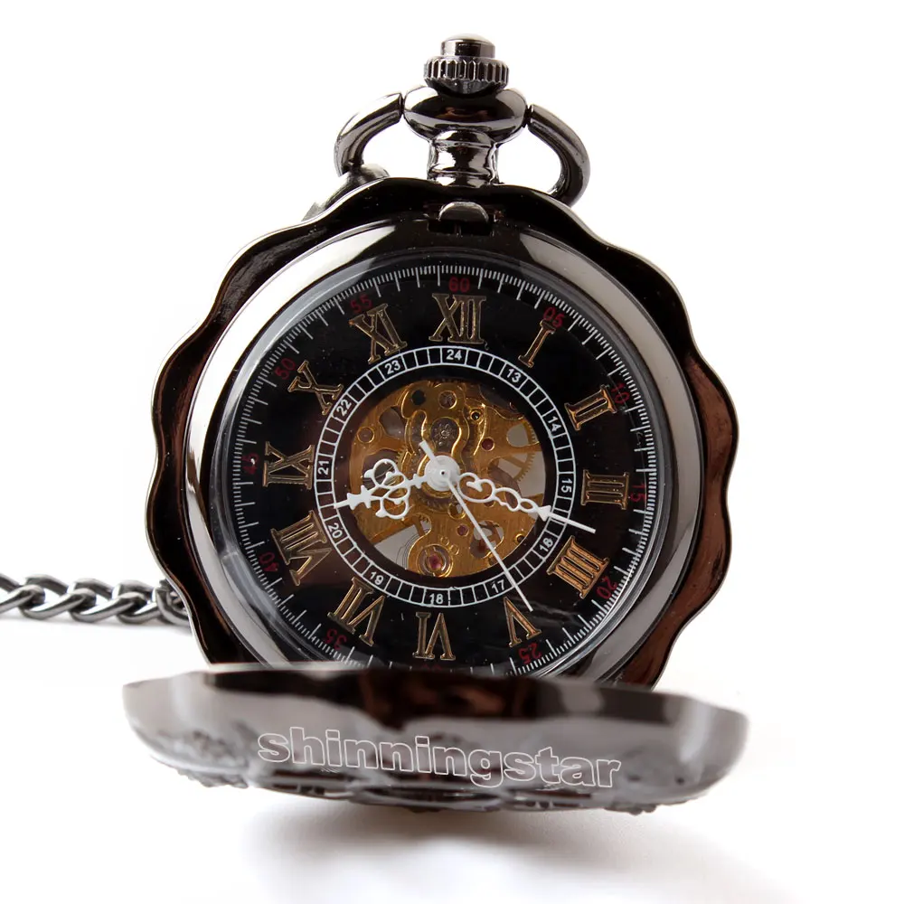 Black Full Steel Luminous Mechanical Pocket Watch Steampunk Vintage Hollow Analog Skeleton Hand Winding Mechanical Pocket Watch