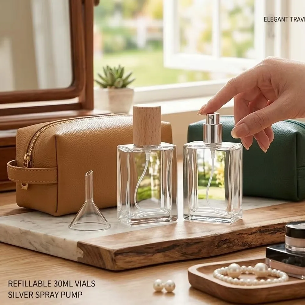 New 30ml Glass Perfume Bottle Square Shape Wood Cap Spray Bottle Clear Glass Cosmetic Container - view 2