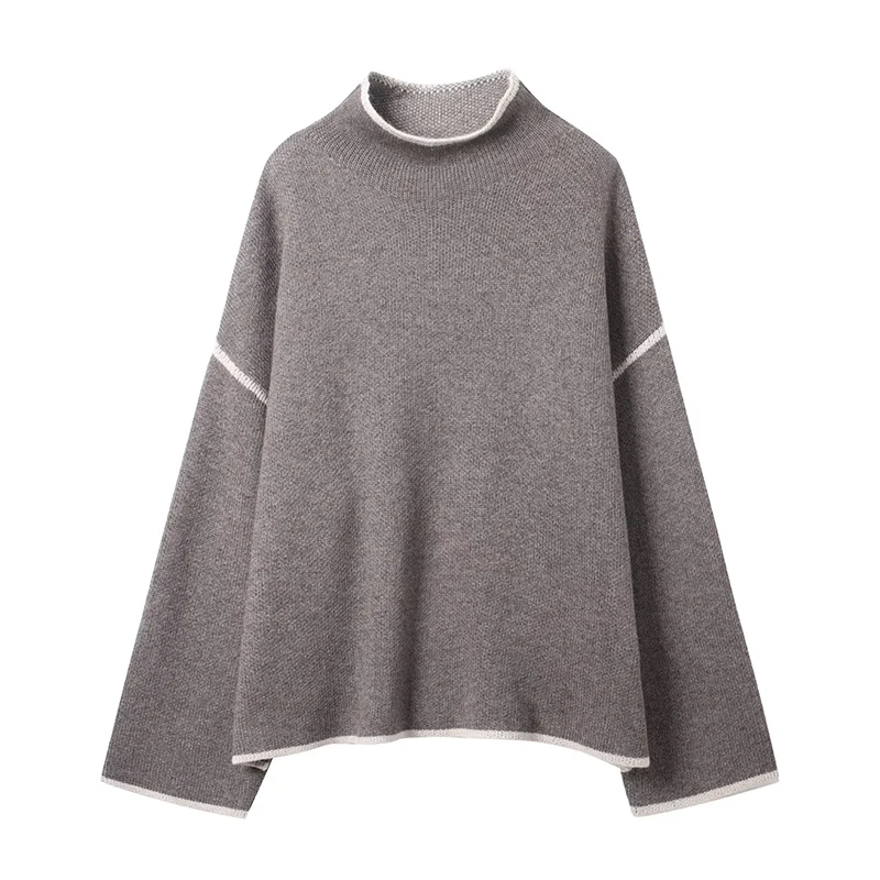 

YENKYE New Women Autumn Winter Contrast Piping Knit Sweater Long Sleeve High Neck Casual Loose Gray Pullovers