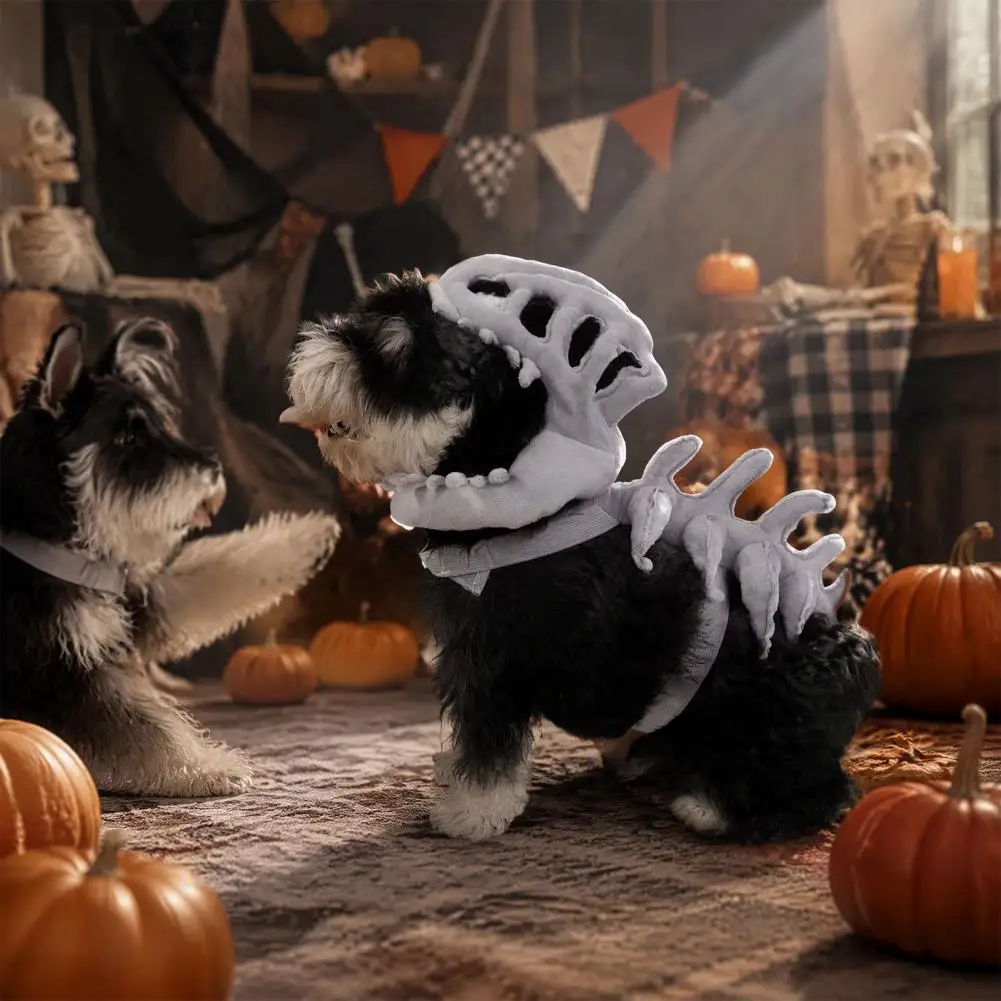Dinosaur Skeleton Pet Costume, Plush Dog Cat Outfit with 3D Spine And Tail, Halloween Party Prop for Small Medium Pets